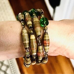 Coiled Paper Wrapped Bracelet w/ Small Clear & Light Green Glass beads, lg Trans
